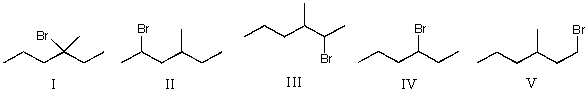 Mono-bromination of the following alkane,   ,(using Br<sub>2</sub> with light) would give?   A) I B) II C) III D) IV E) V