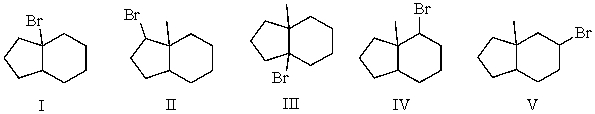 Mono-bromination of the following alkane,   ,(using Br<sub>2</sub> with light) would give?   A) I B) II C) III D) IV E) V