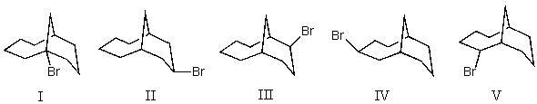 Mono-bromination of the following alkane,   ,(using Br<sub>2</sub> with light) would give?   A) I B) II C) III D) IV E) V