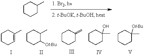 What would be the major product of the following reaction sequence?   A) I B) II C) III D) IV E) V