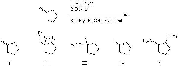 What is the product for the following three-step reaction sequence?   A) I B) II C) III D) IV E) V