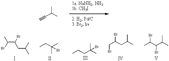 What is the product for the following three-step reaction sequence?   A) I B) II C) III D) IV E) V