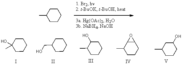 What is the product for the following three-step reaction sequence?   A) I B) II C) III D) IV E) V