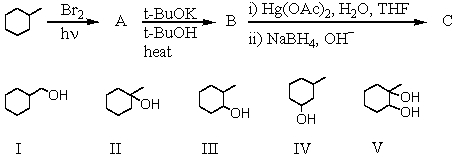 What is the major product obtained from the following reaction sequence?   A) I B) II C) III D) IV E) V