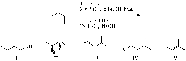 What is the product for the following three-step reaction sequence?   A) I B) II C) III D) IV E) V