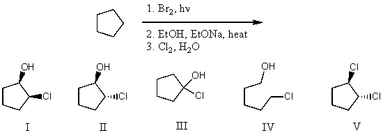 What is the product for the following three-step reaction sequence?   A) I B) II C) III D) IV E) V