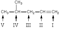  Which carbon of   is predicted to be the major site of substitution when this alkene reacts with chlorine at 400 <sup> \circ </sup>C? A) I B) II C) III D) IV E) V 