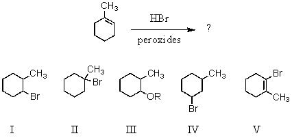 What would be the major product of the following reaction?   A) I B) II C) III D) IV E) V