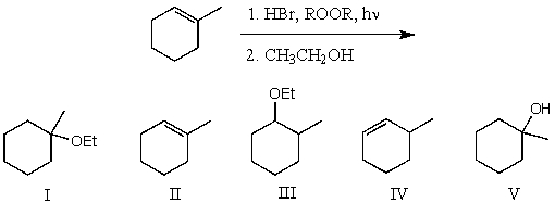 What would be the major product of the following reaction sequence?   A) I B) II C) III D) IV E) V
