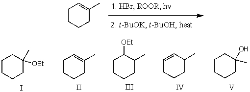 What would be the major product of the following reaction sequence?   A) I B) II C) III D) IV E) V