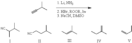 What is the product for the following three-step reaction sequence?   A) I B) II C) III D) IV E) V