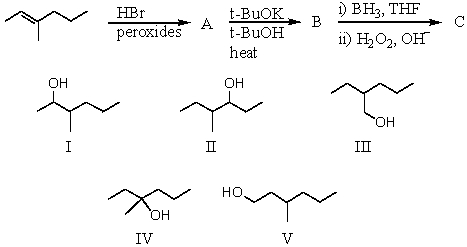 What is the major product obtained from the following reaction sequence?   A) I B) II C) III D) IV E) V
