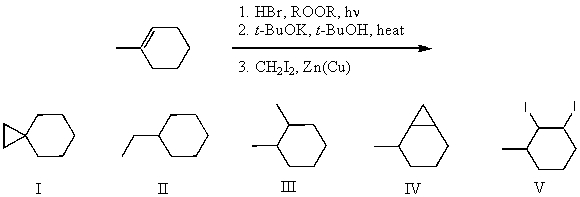 What is the product for the following three-step reaction sequence?   A) I B) II C) III D) IV E) V