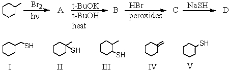What is the major product obtained from the following reaction sequence?   A) I B) II C) III D) IV E) V