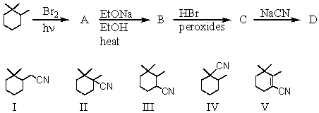 What is the major product obtained from the following reaction sequence?   A) I B) II C) III D) IV E) V