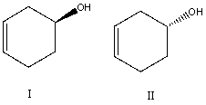 What is the relationship between alcohols I and II?   They are: A) different conformations of the same compound. B) constitutional isomers. C) enantiomers. D) diastereomers. E) identical.