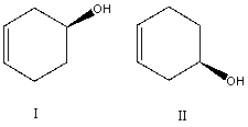 What is the relationship between alcohols I and II?   They are: A) different conformations of the same compound. B) constitutional isomers. C) enantiomers. D) diastereomers. E) identical.