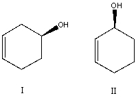 What is the relationship between alcohols I and II?   They are: A) different conformations of the same compound. B) constitutional isomers. C) enantiomers. D) diastereomers. E) identical.