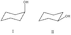 What is the relationship between alcohols I and II?   They are: A) different conformations of the same compound. B) constitutional isomers. C) enantiomers. D) diastereomers. E) identical.