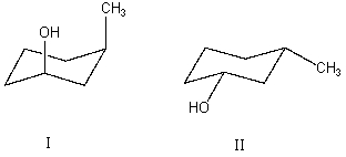 What is the relationship between alcohols I and II?   They are: A) different conformations of the same compound. B) constitutional isomers. C) enantiomers. D) diastereomers. E) identical.