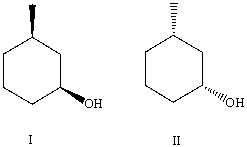 What is the relationship between alcohols I and II?   They are: A) constitutional isomers. B) enantiomers. C) conformers D) diastereomers. E) identical.