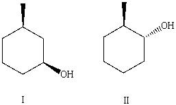 What is the relationship between alcohols I and II?   They are: A) constitutional isomers. B) enantiomers. C) conformers D) diastereomers. E) identical.