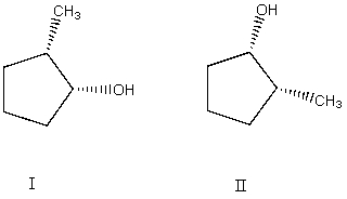 What is the relationship between alcohols I and II?   They are: A) different conformations of the same compound. B) constitutional isomers. C) enantiomers. D) diastereomers. E) identical.
