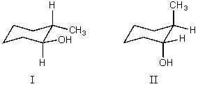 What is the relationship between alcohols I and II?   They are: A) different conformations of the same compound. B) constitutional isomers. C) enantiomers. D) diastereomers. E) identical.