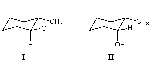 What is the relationship between alcohols I and II?   They are: A) different conformations of the same compound. B) constitutional isomers. C) enantiomers. D) diastereomers. E) identical.