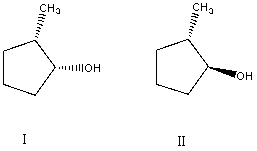 What is the relationship between alcohols I and II?   They are: A) different conformations of the same compound. B) constitutional isomers. C) enantiomers. D) diastereomers. E) identical.