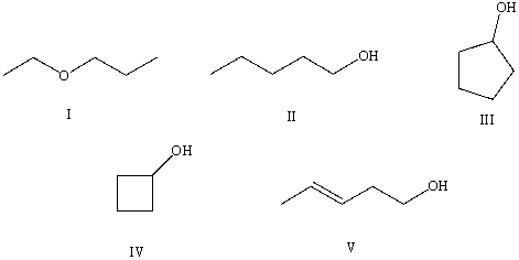 Which compound would have the lowest boiling point?   A) I B) II C) III D) IV E) V