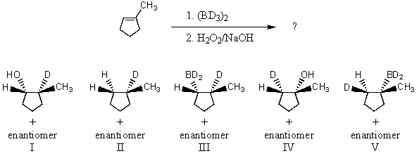 The hydroboration-oxidation procedure can be successfully employed for synthesis of deuterated derivatives,by using BD<sub>3</sub> instead of BH<sub>3</sub>.What product would you expect from the following reaction?   A) I B) II C) III D) IV E) V