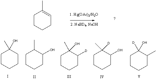 The oxymercuration-demercuration procedure can be successfully employed for synthesis of deuterated derivatives,by using NaBD<sub>4</sub> instead of NaBH<sub>4</sub> in the second step.What product would you expect from the following reaction?   A) I B) II C) III D) IV E) V