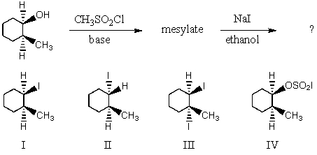 What would be the major product of the following reaction sequence?   A) I B) II C) III D) IV E) An equimolar mixture of I and II.