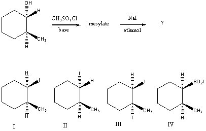 What would be the major product of the following reaction sequence?   A) I B) II C) III D) IV E) An equimolar mixture of I and II.