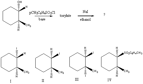 What would be the major product of the following reaction sequence?   A) I B) II C) III D) IV E) An equimolar mixture of I and II.