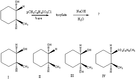 What would be the major product of the following reaction sequence?   A) I B) II C) III D) IV E) An equimolar mixture of I and II.
