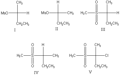 Methanesulfonic acid,   is treated,in turn,with PCl<sub>5</sub> and (R) -2-butanol.Which of the following Fischer formulas is a stereochemically correct representation of the final product?   A) I B) II C) III D) IV E) V