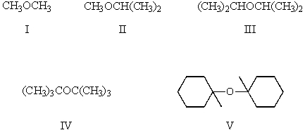 Which of these ethers is least likely to undergo significant cleavage by hot aqueous H<sub>2</sub>SO<sub>4</sub>?   A) I B) II C) III D) IV E) V