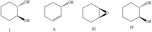 The major product expected from the sequential reaction of cyclohexane with Br<sub>2</sub>/H<sub>2</sub>O,followed by sodium hydroxide is:     A) I + enantiomer B) II + enantiomer C) III D) None of these choices.