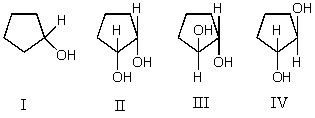 Epoxidation followed by reaction with aqueous base converts cyclopentene into which of these?   A) I B) II C) III D) IV E) Equal amounts of III and IV