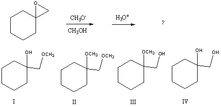 What would be the major product of the following reaction sequence?   A) I B) II C) III D) IV E) Equal amounts of II and IV