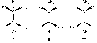 Which compound (or compounds) would be produced when cis-2-butene is treated first with a peroxy acid to form an epoxide,and then the epoxide is subjected to acid-catalyzed hydrolysis?   A) An equimolar mixture of I and II B) An equimolar mixture of II and III C) I alone D) II alone E) III alone