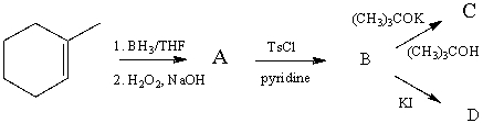 Complete the following reaction sequence,giving structures for compounds A,B,C and D:  