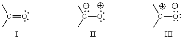 Which of the following resonance structures is not a significant contributor to the hybrid for the carbonyl group?   A) I B) II C) III D) Neither II nor III is important. E) All are significant contributors.