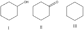 List the following compounds in order of increasing level of oxidation:   A) I,II,III B) I,III,II C) II,I,III D) III,II,I E) III,I,II