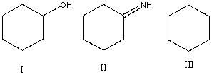 List the following compounds in order of increasing level of oxidation:   A) I,II,III B) I,III,II C) II,I,III D) III,I,II E) III,II,I
