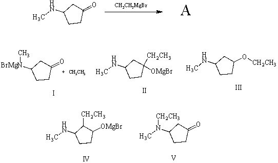 What is (are) the principal product(s) formed when 1 mol of ethylmagnesium bromide reacts with 1 mol of 3-(N-methylamino) cyclopentanone?   A) I B) II C) III D) IV E) V