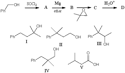 What would be the final product,D,in the following reaction sequence?   A) I B) II C) III D) IV E) V