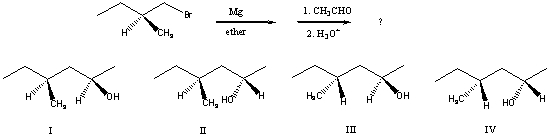 Predict the product(s) of the following reaction sequence:   A) A mixture of I and II B) A mixture of I and III C) A mixture of II and III D) A mixture of II and IV E) A mixture of III and IV